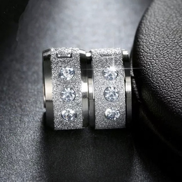 14mm Frosted Paved Steel Hoop Huggie Earrings - Picture 4 of 4